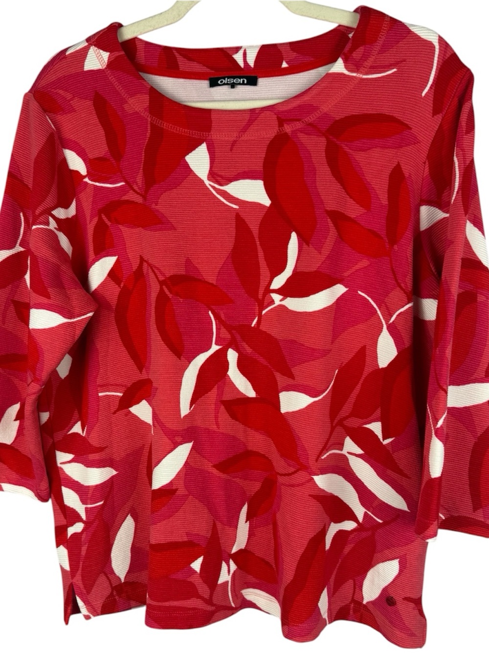 OLSEN Henny Jersey Leaf Print 3/4 Sleeve Top Coral Pink Red White US L/14
